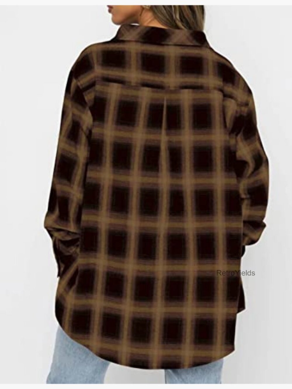 Oversized Flannel Button Down Shirt Blouse Top Long Sleeve Plaid - Picture 4 of 4